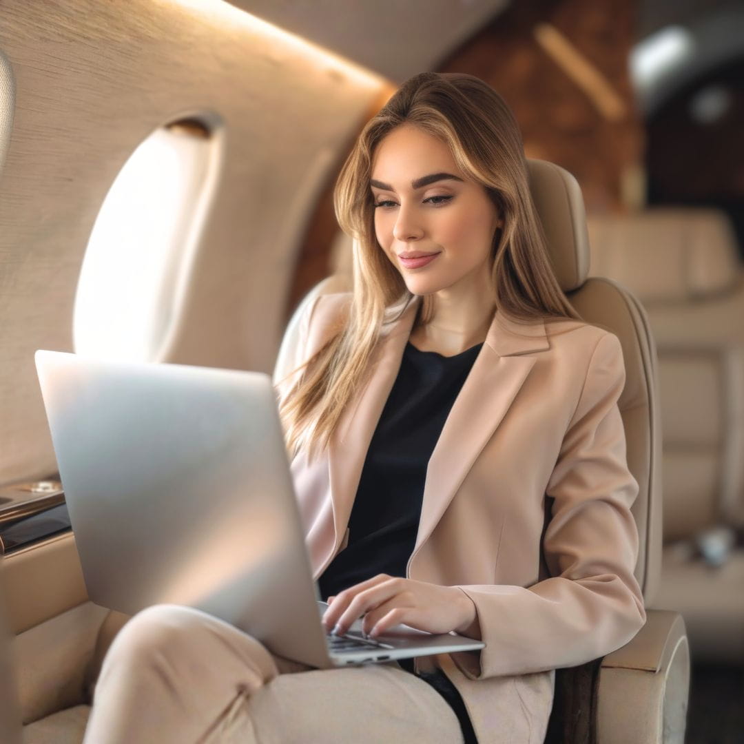Businesswoman working on laptop aboard a private jet during a business charter flight.